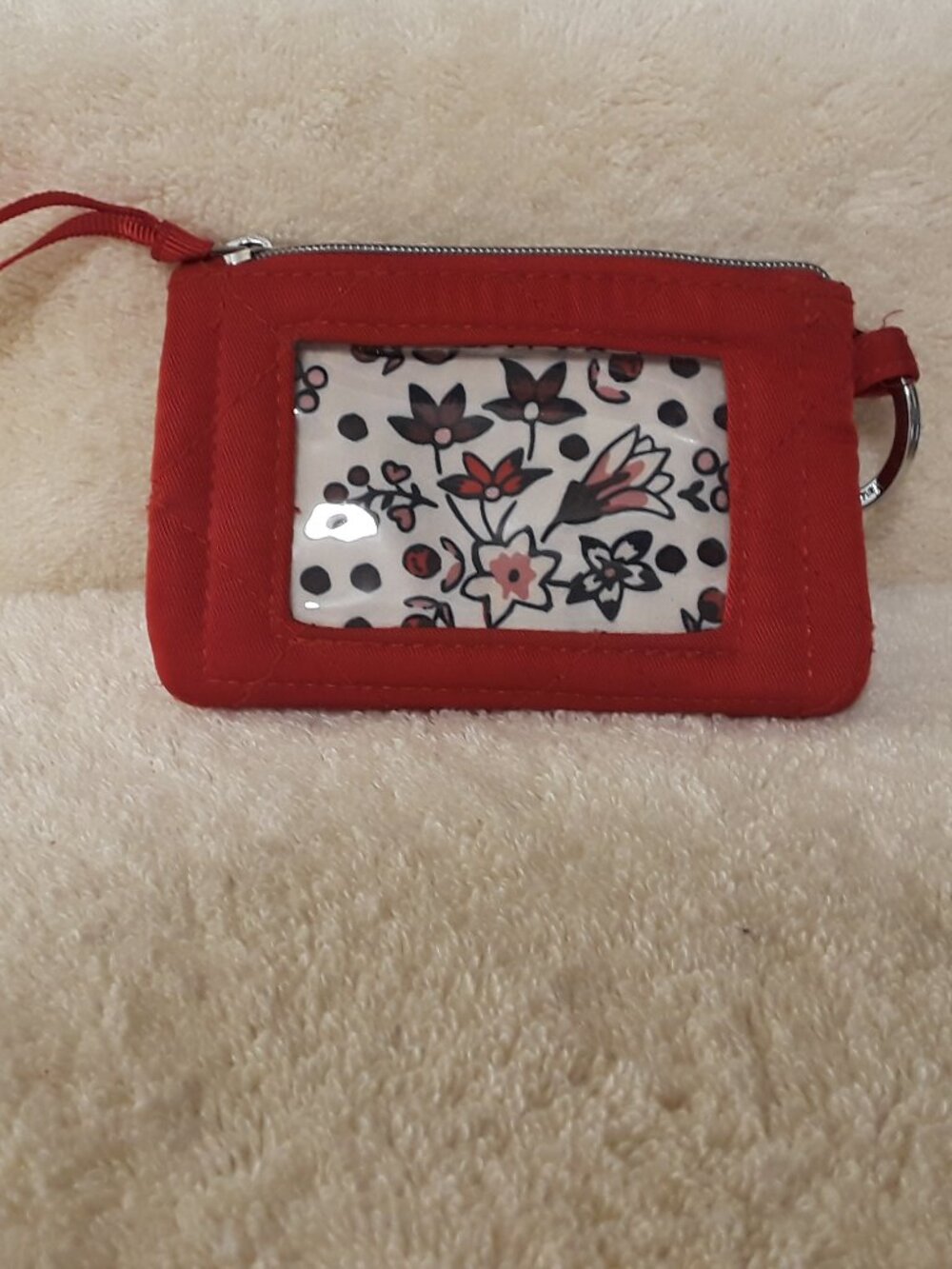 Vera Bradley Solid Red Quilted Zip ID Case Key Ring Card Wallet Holder